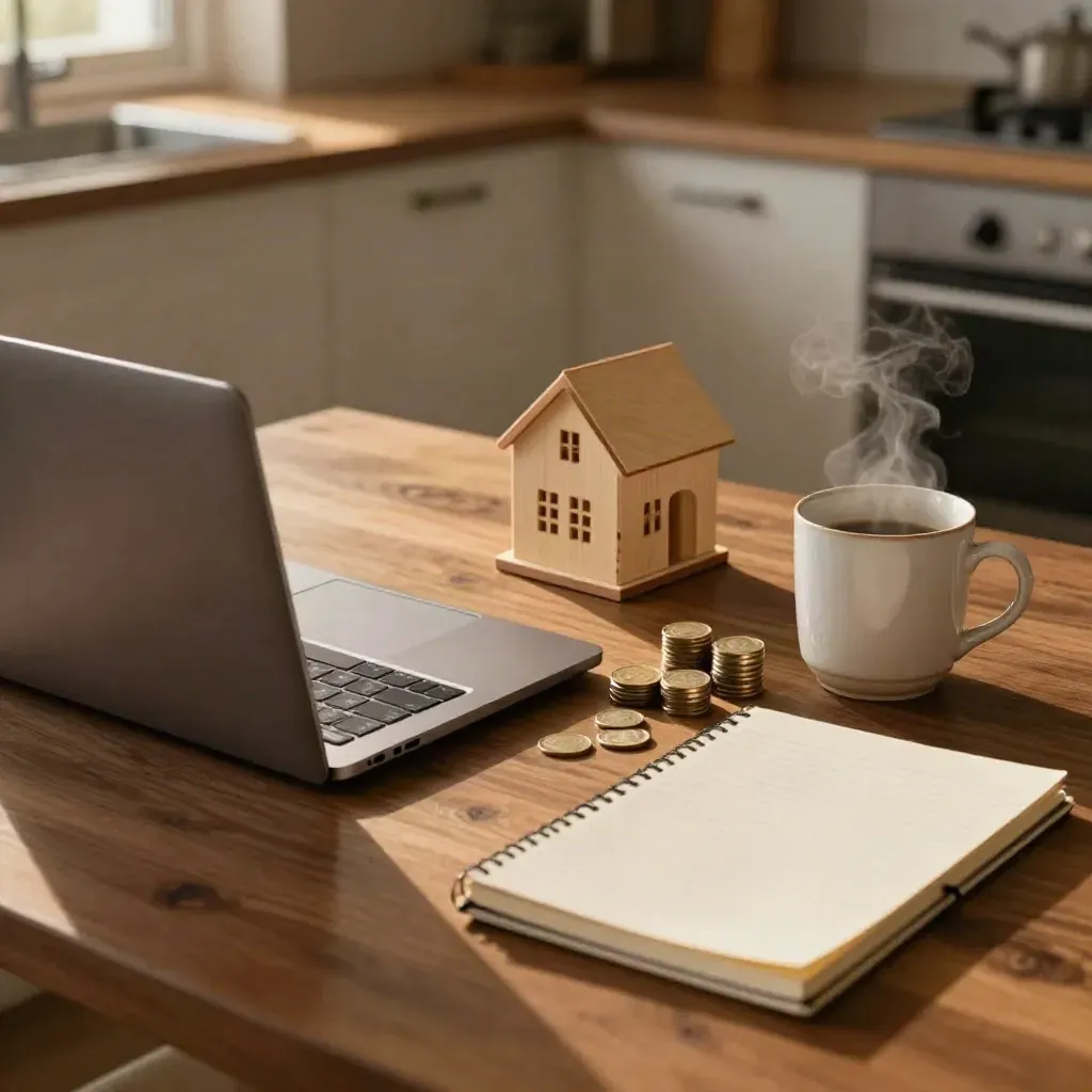 Keukentafel met huismodel, munten, mok, gesloten laptop en notitieboek in warm ochtendlicht