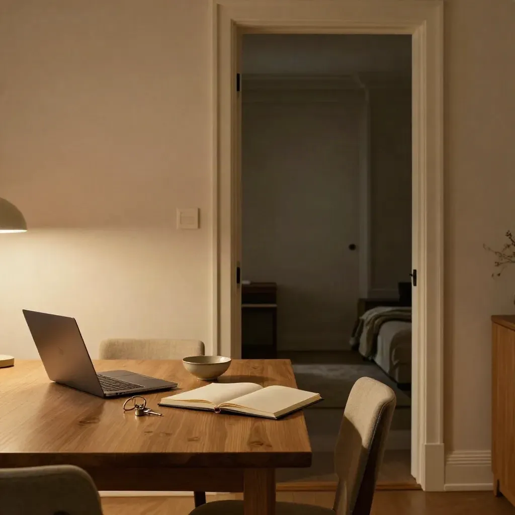 Lege eethoek in een appartement met sleutels, gesloten laptop en notitieboek op een lichte tafel.