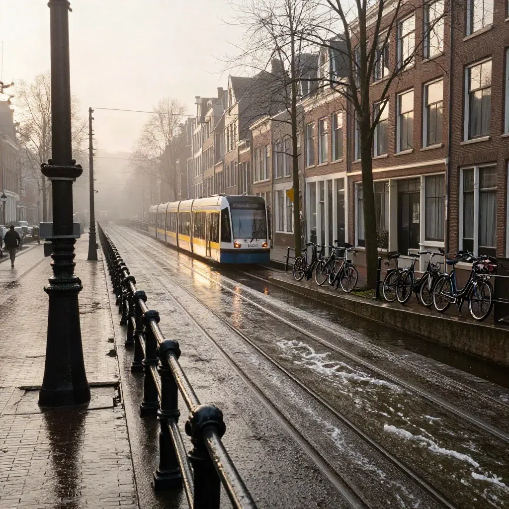 Uitzicht op Utrecht Oost met gracht, bakstenen gevels, fietsen en een tramspoor in ochtendmist