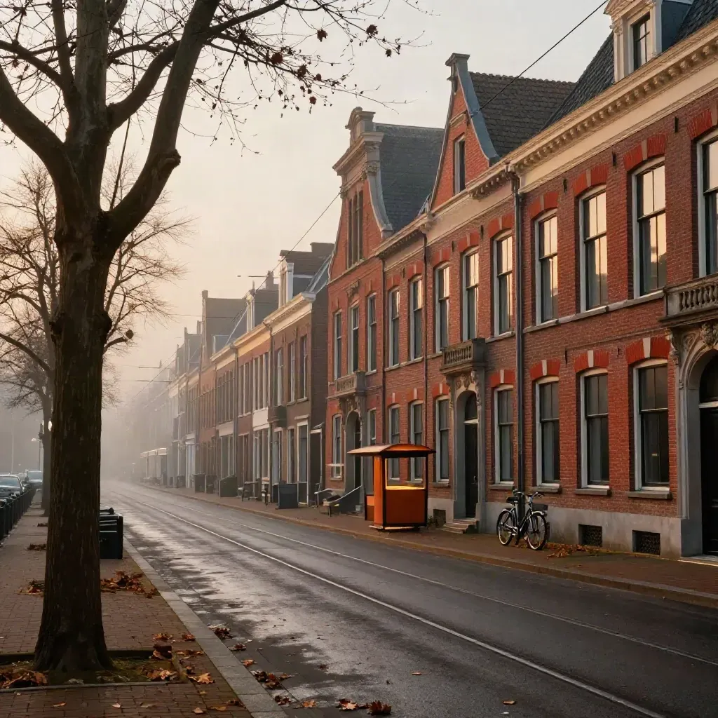 Rotterdamse laan in Kralingen met bomen, rijtjeshuizen en tramrails in de mist